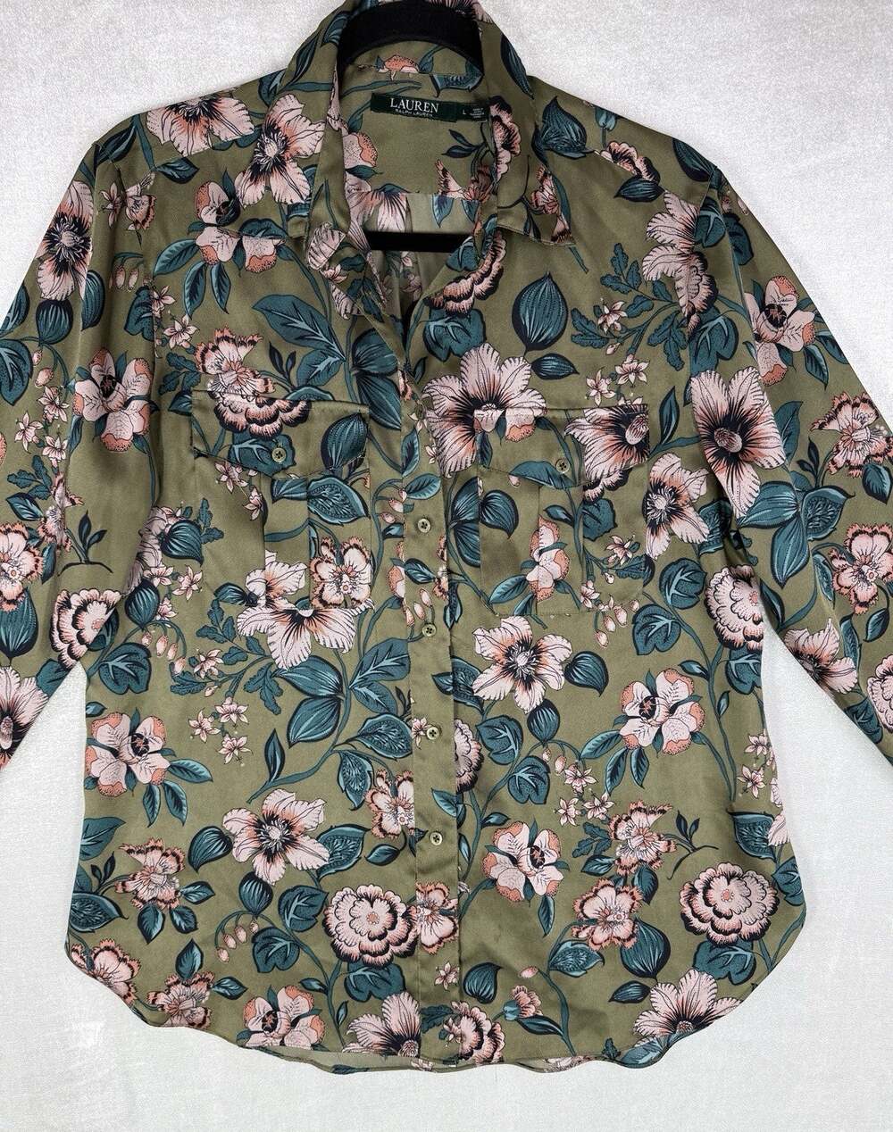 Lauren Ralph Lauren Floral Blouse L Olive Green Botanical Boho Old Money Top
